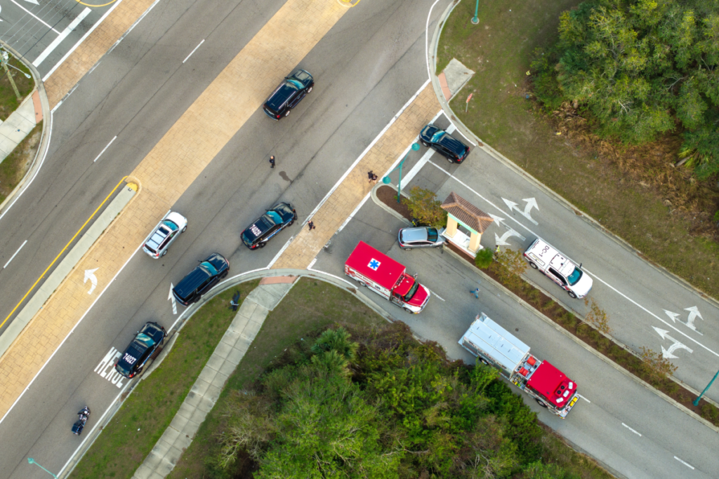 High-traffic intersection in North Hollywood with multiple vehicle turning points